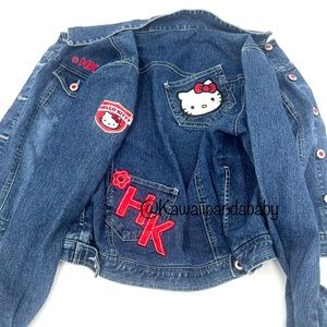 Y2K Vintage Hello Kitty Embroidered Patch Sanrio Denim Jean Jacket Large 14/16